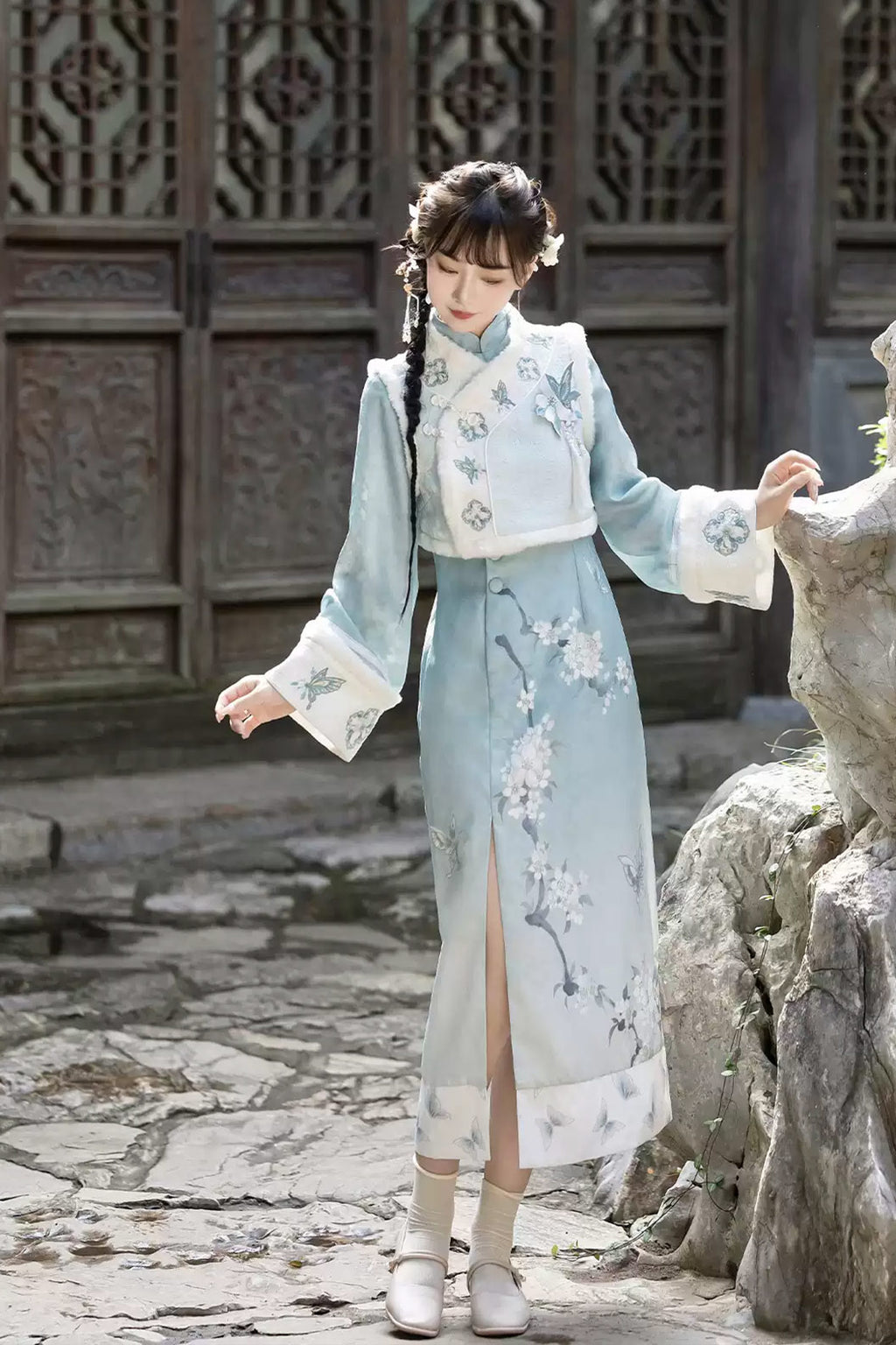 Modern Hanfu clothing Chinese Style Qipao Slim Fit Blue Hanfu dress - lihua 梨花