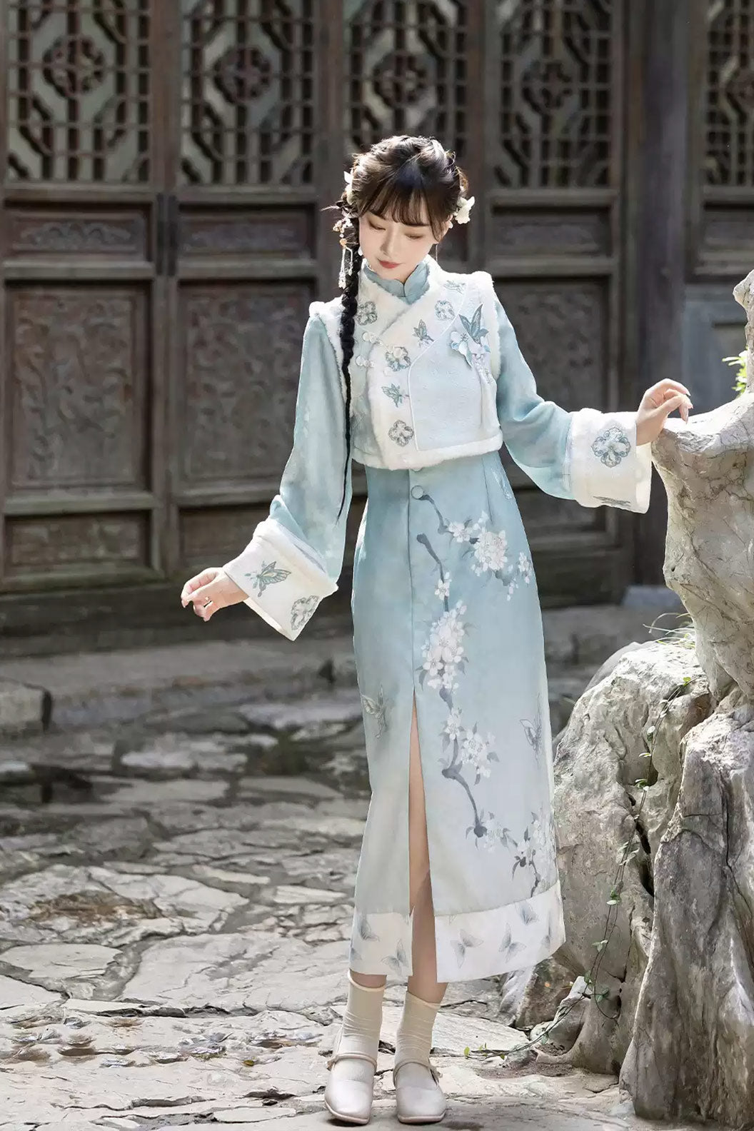 Modern Hanfu clothing Chinese Style Qipao Slim Fit Blue Hanfu dress - lihua 梨花