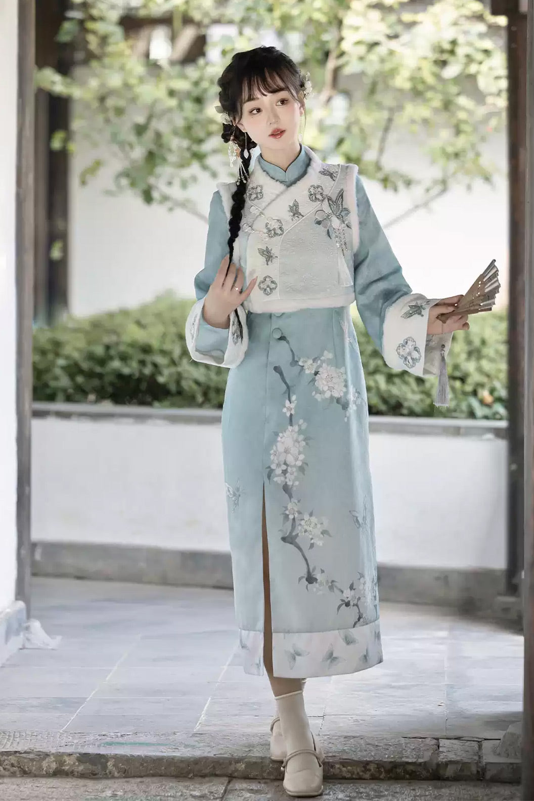 Modern Hanfu clothing Chinese Style Qipao Slim Fit Blue Hanfu dress - lihua 梨花