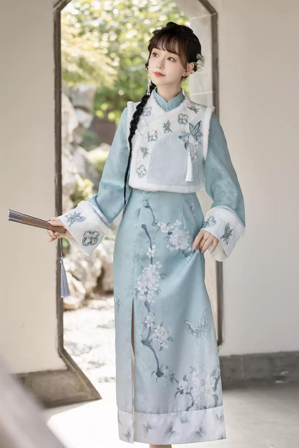 Modern Hanfu clothing Chinese Style Qipao Slim Fit Blue Hanfu dress - lihua 梨花