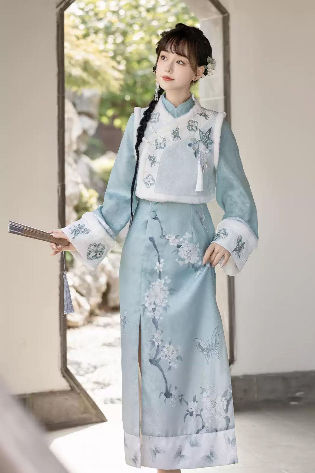 Modern Hanfu clothing Chinese Style Qipao Slim Fit Blue Hanfu dress - lihua 梨花