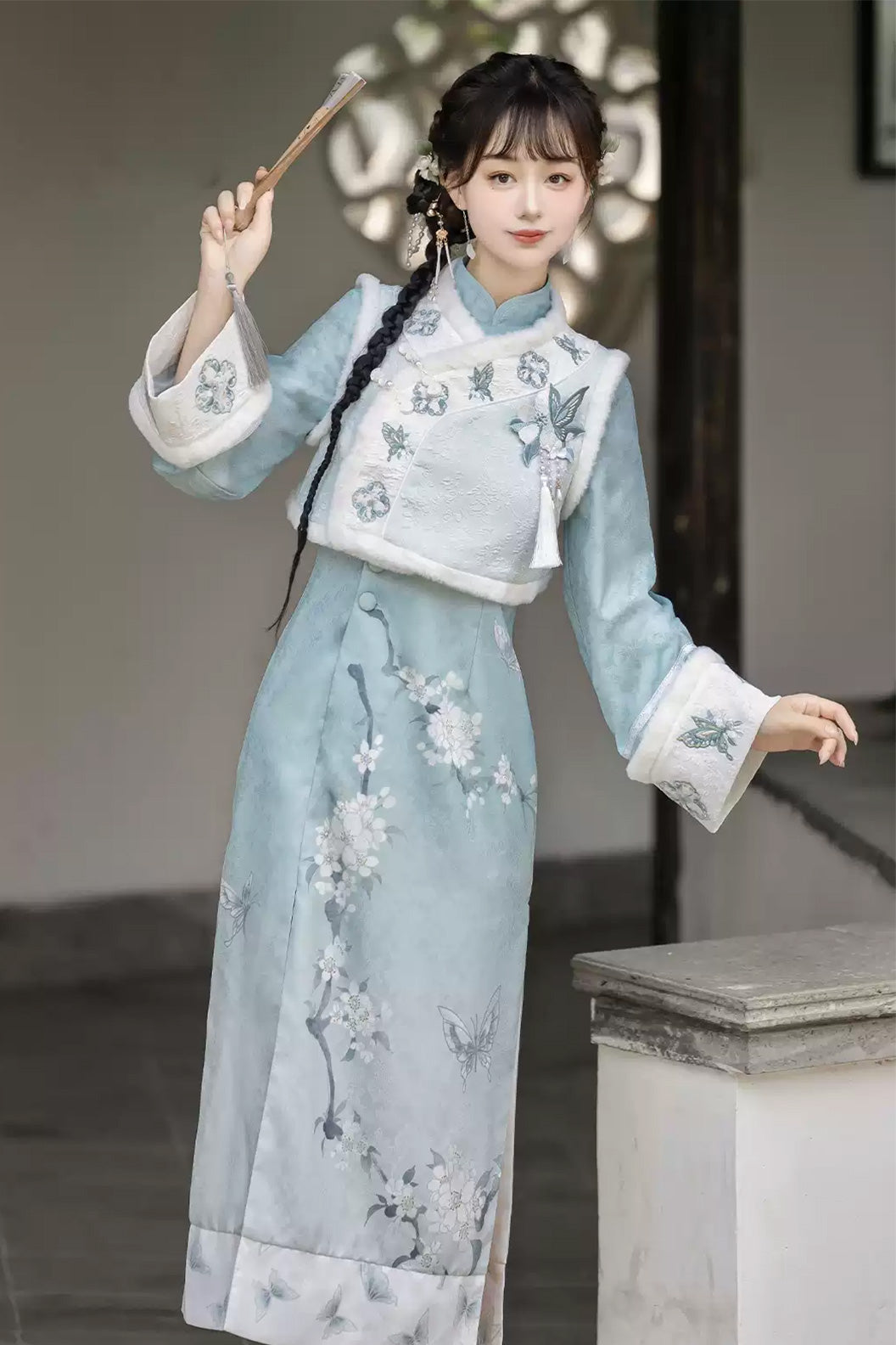 Modern Hanfu clothing Chinese Style Qipao Slim Fit Blue Hanfu dress - lihua 梨花