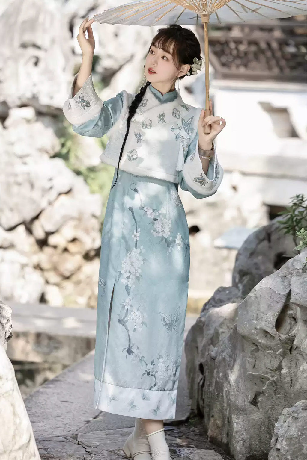 Modern Hanfu clothing Chinese Style Qipao Slim Fit Blue Hanfu dress - lihua 梨花