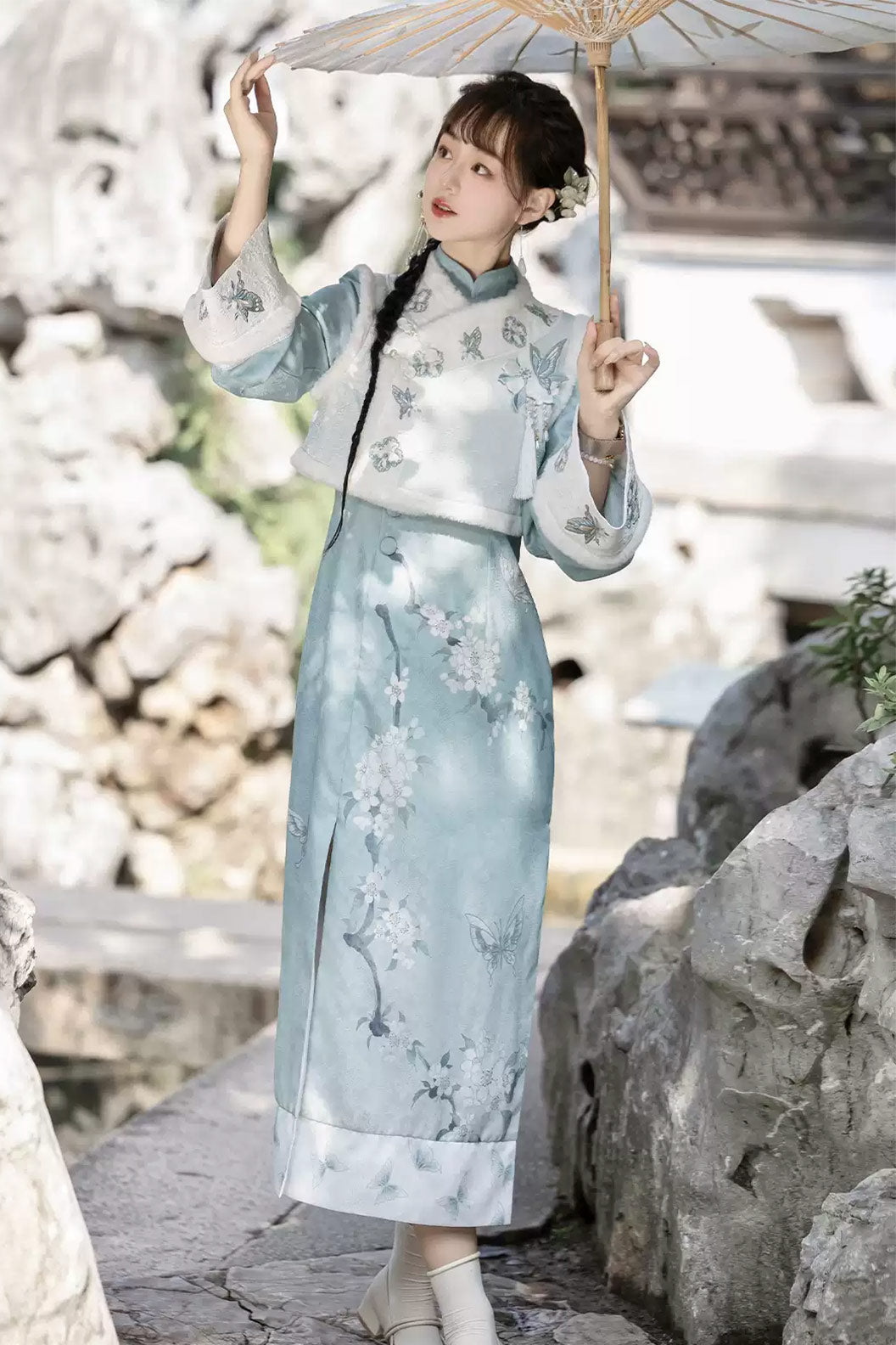 Modern Hanfu clothing Chinese Style Qipao Slim Fit Blue Hanfu dress - lihua 梨花
