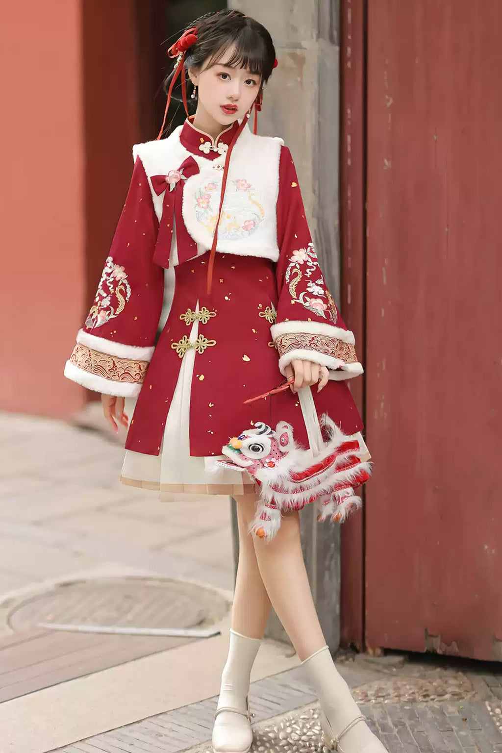 Modern Hanfu clothing Chinese Style Vest Dress Winter Outfit Red Hanfu dress - youlonghechun 游龙贺春