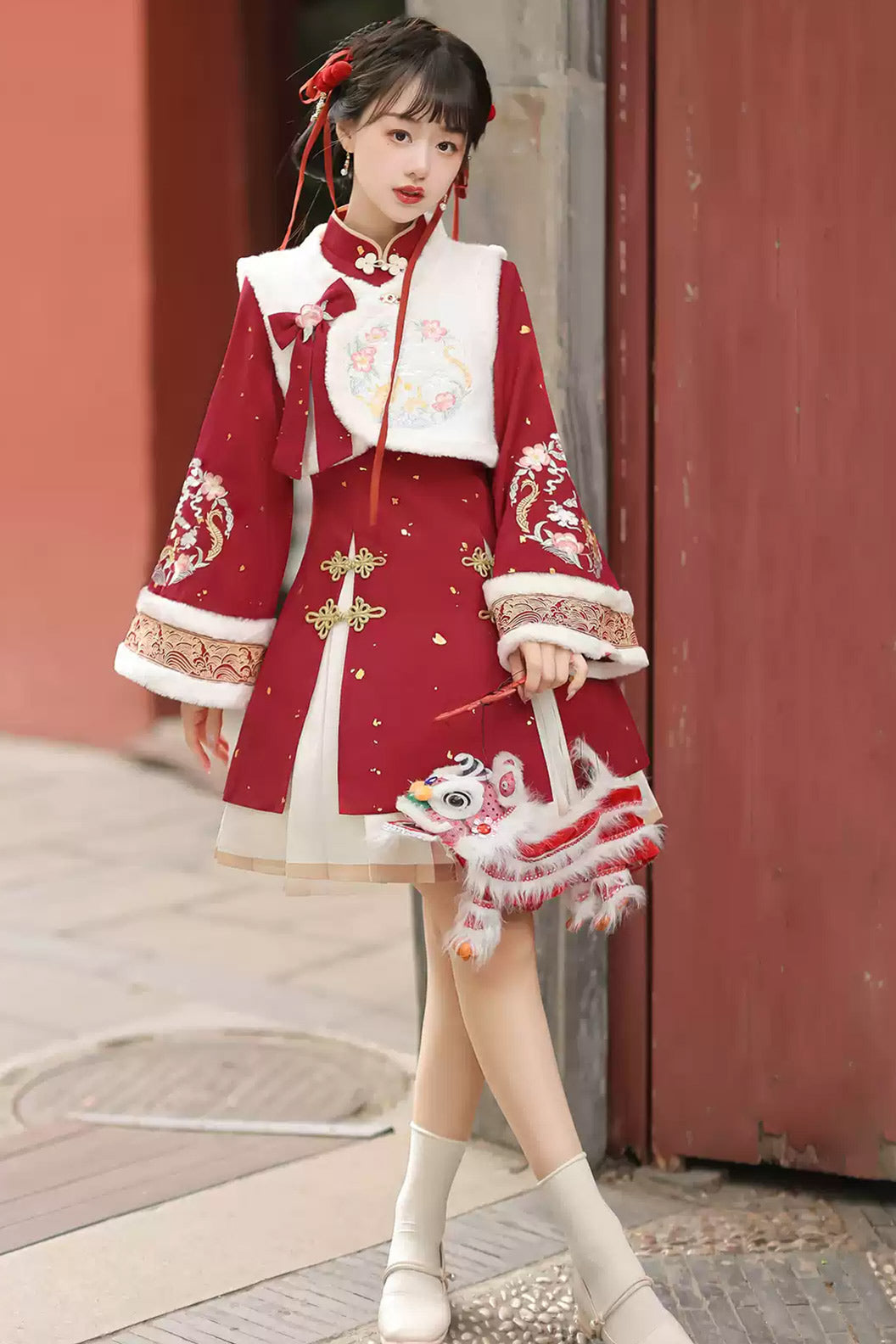 Modern Hanfu clothing Chinese Style Vest Dress Winter Outfit Red Hanfu dress - youlonghechun 游龙贺春