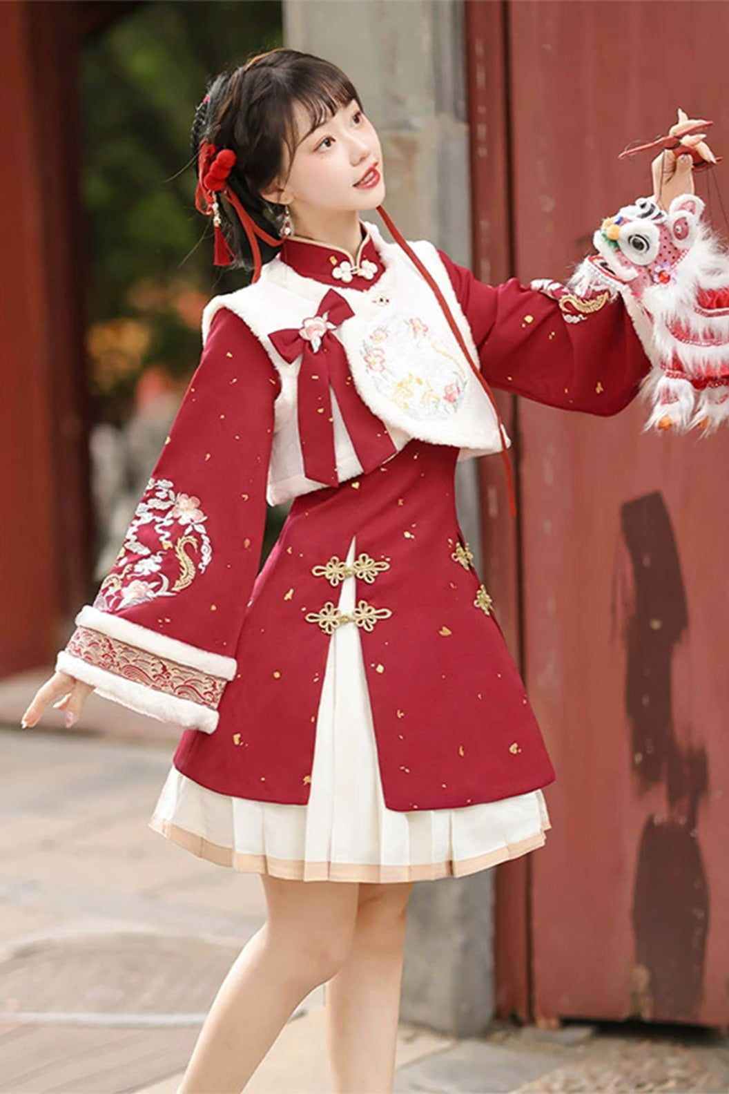 Modern Hanfu clothing Chinese Style Vest Dress Winter Outfit Red Hanfu dress - youlonghechun 游龙贺春
