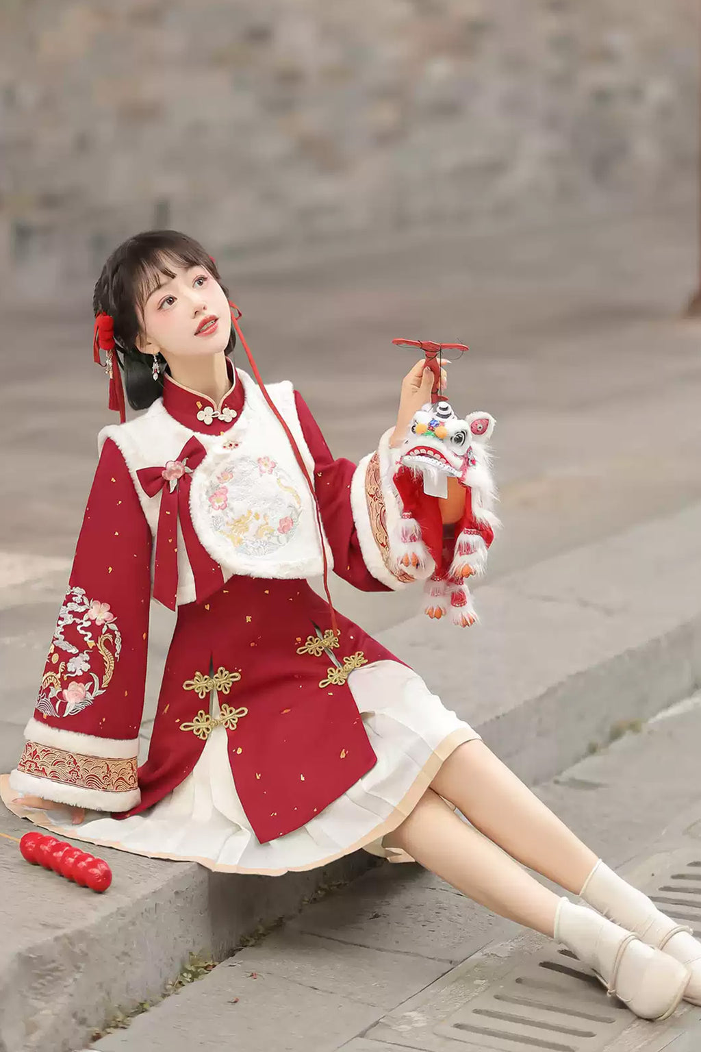 Modern Hanfu clothing Chinese Style Vest Dress Winter Outfit Red Hanfu dress - youlonghechun 游龙贺春