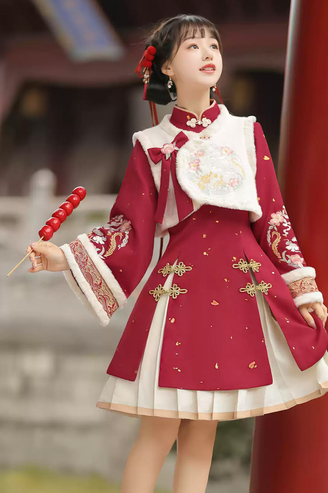 Modern Hanfu clothing Chinese Style Vest Dress Winter Outfit Red Hanfu dress - youlonghechun 游龙贺春