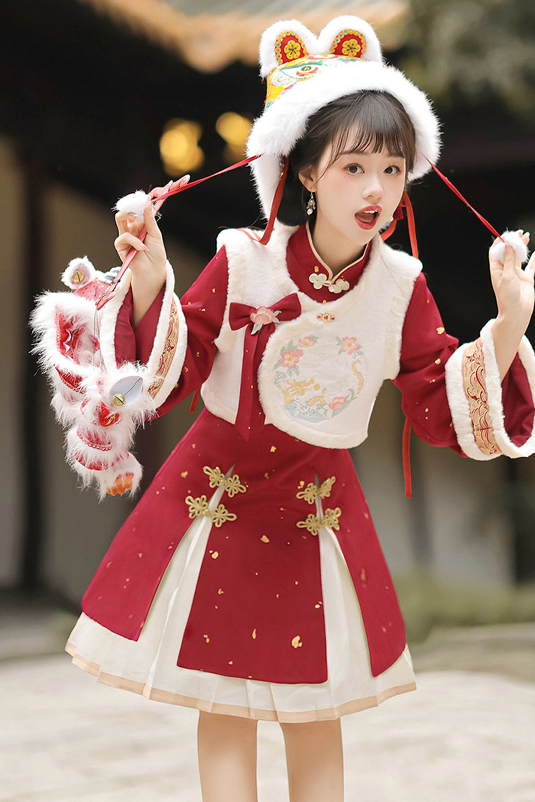 Modern Hanfu clothing Chinese Style Vest Dress Winter Outfit Red Hanfu dress - youlonghechun 游龙贺春