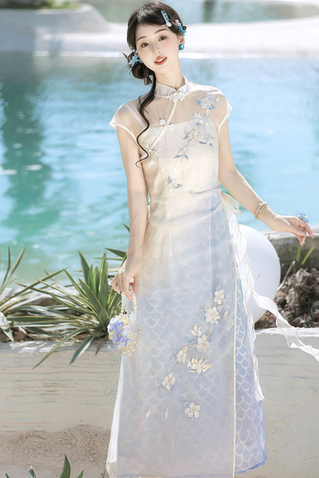 Modern Hanfu clothing Embroidered Dress New Chinese Style Blue Hanfu dress - bishuiyao 碧水谣