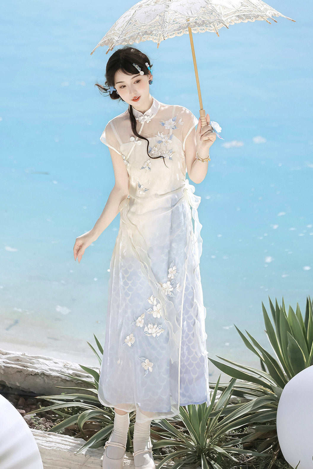 Modern Hanfu clothing Embroidered Dress New Chinese Style Blue Hanfu dress - bishuiyao 碧水谣