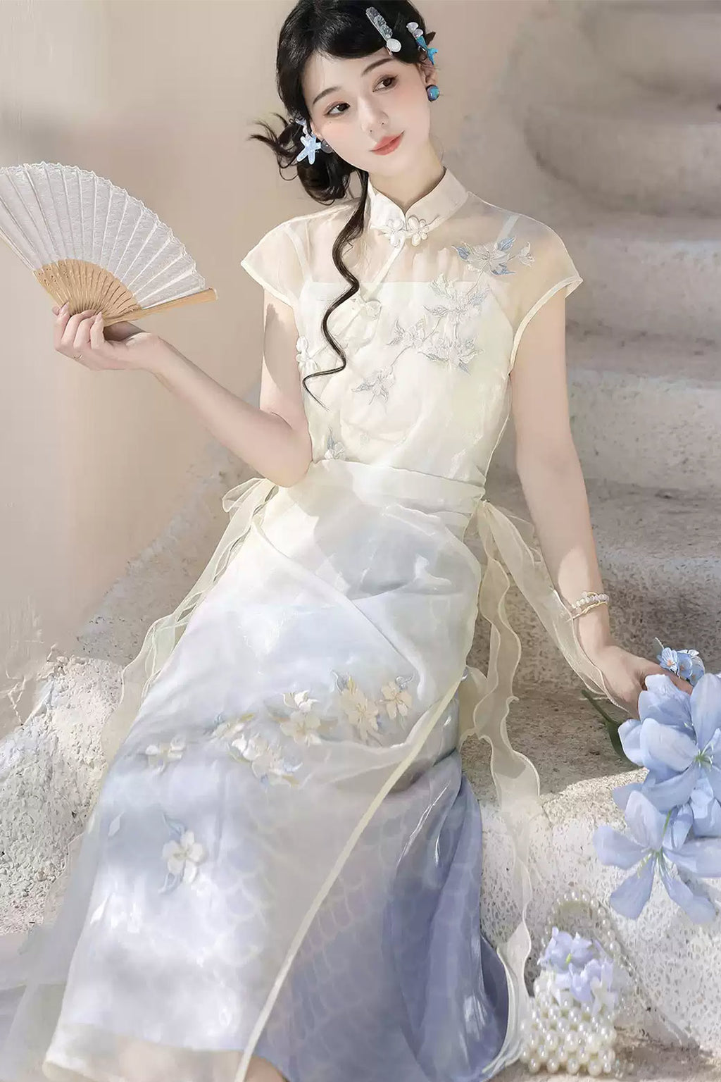 Modern Hanfu clothing Embroidered Dress New Chinese Style Blue Hanfu dress - bishuiyao 碧水谣