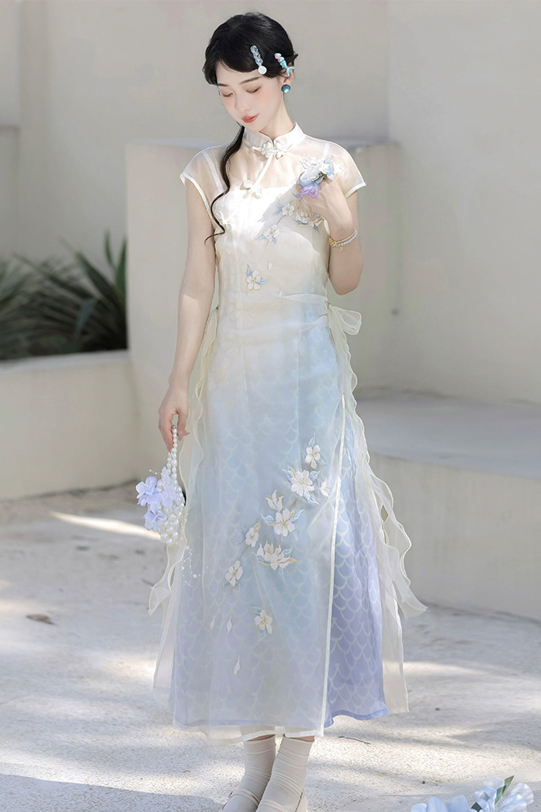 Modern Hanfu clothing Embroidered Dress New Chinese Style Blue Hanfu dress - bishuiyao 碧水谣