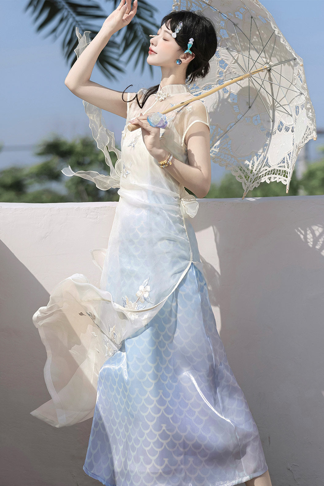 Modern Hanfu clothing Embroidered Dress New Chinese Style Blue Hanfu dress - bishuiyao 碧水谣