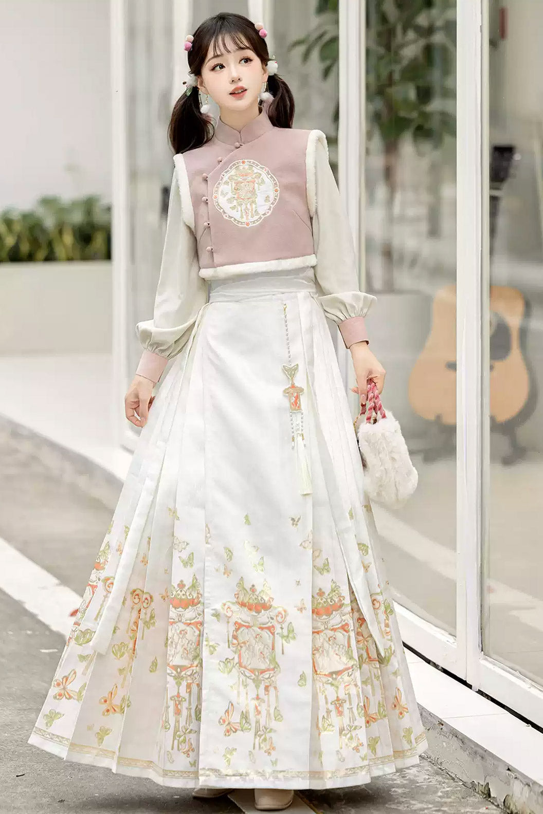 Modern Hanfu clothing Mamian Skirt Autumn Winter Outfit Pink White Hanfu dress - jinshu 锦书