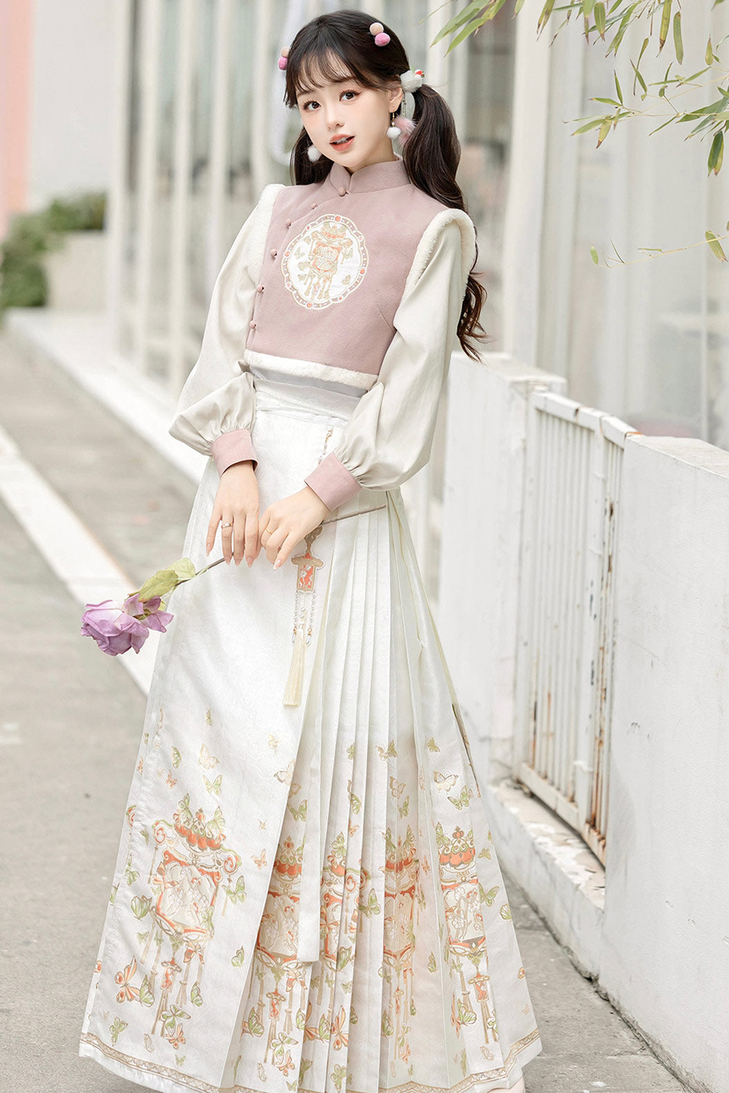 Modern Hanfu clothing Mamian Skirt Autumn Winter Outfit Pink White Hanfu dress - jinshu 锦书