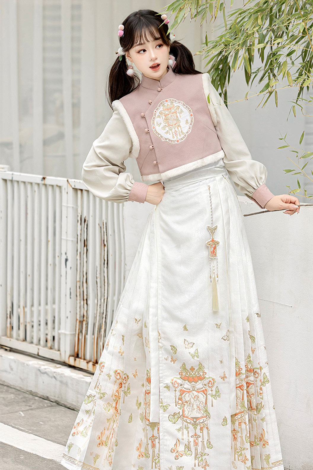 Modern Hanfu clothing Mamian Skirt Autumn Winter Outfit Pink White Hanfu dress - jinshu 锦书