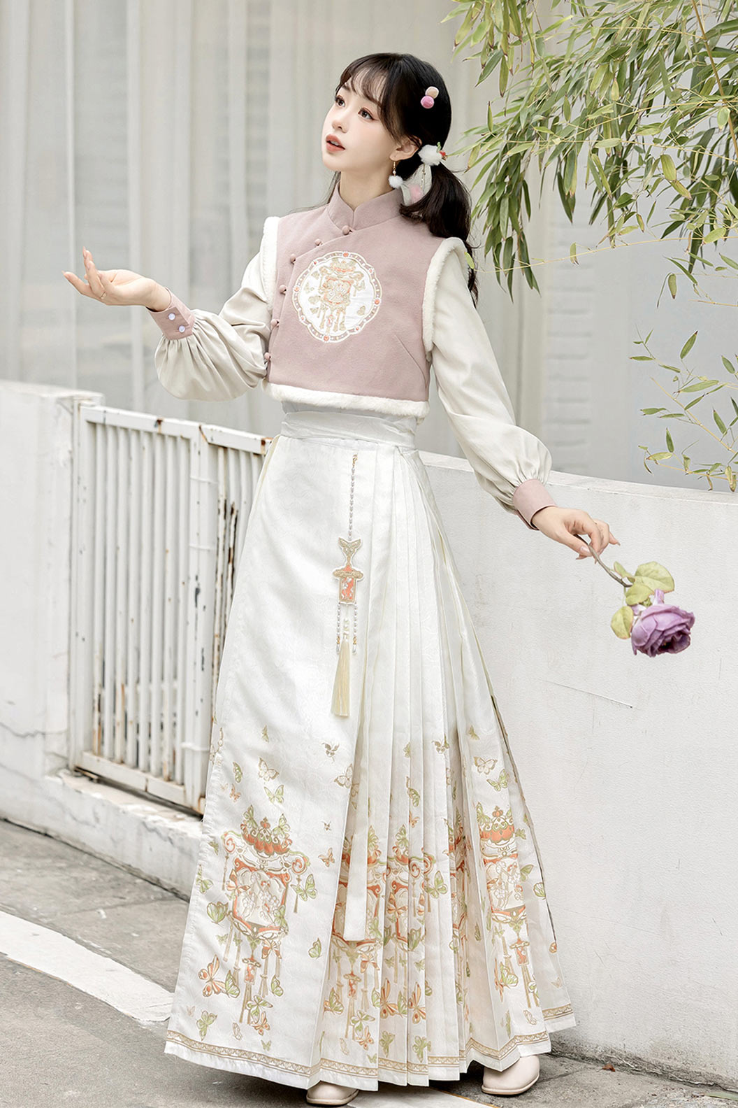 Modern Hanfu clothing Mamian Skirt Autumn Winter Outfit Pink White Hanfu dress - jinshu 锦书