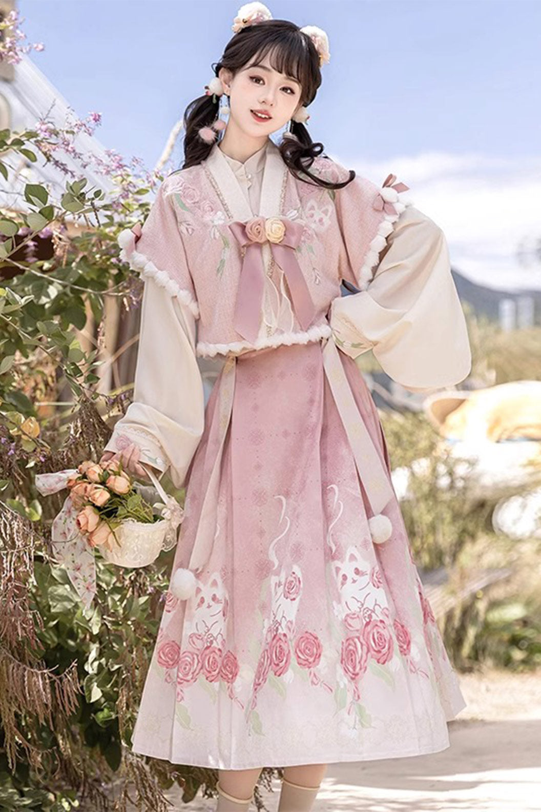 Modern Hanfu clothing New Chinese Style Ma Mian Skirt Daily Set Pink Hanfu dress - meigui 玫瑰