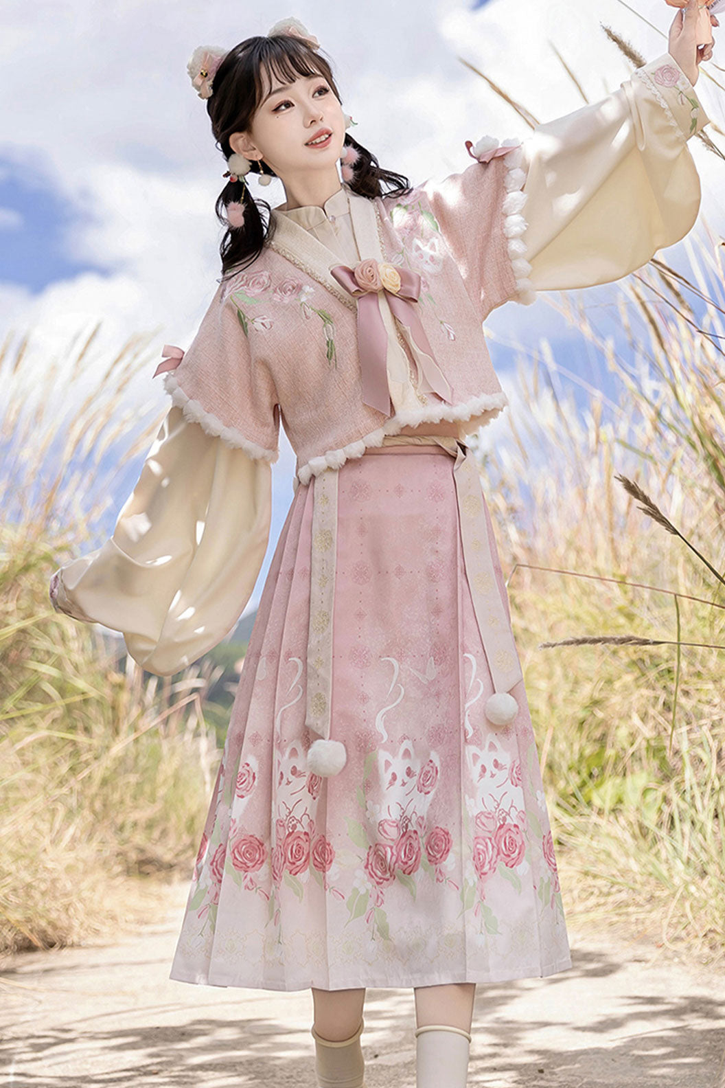 Modern Hanfu clothing New Chinese Style Ma Mian Skirt Daily Set Pink Hanfu dress - meigui 玫瑰