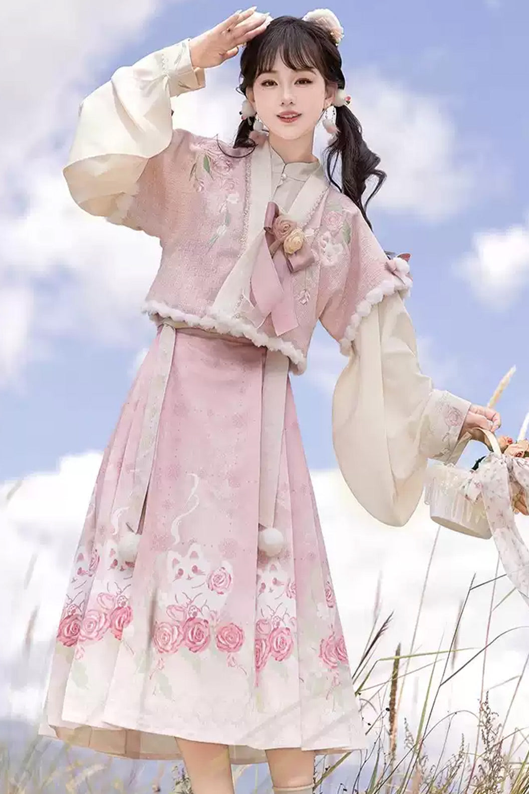 Modern Hanfu clothing New Chinese Style Ma Mian Skirt Daily Set Pink Hanfu dress - meigui 玫瑰