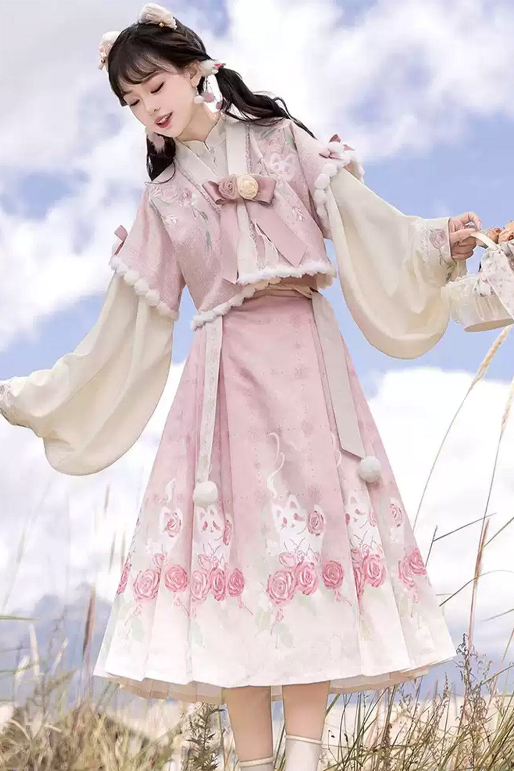 Modern Hanfu clothing New Chinese Style Ma Mian Skirt Daily Set Pink Hanfu dress - meigui 玫瑰