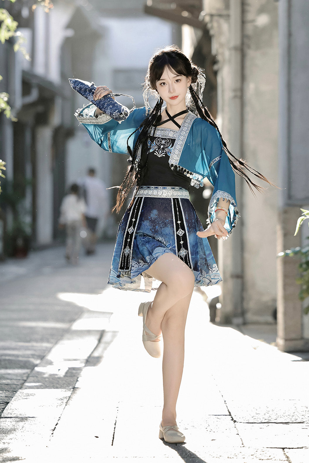 Modern Hanfu clothing Exotic Style Guofeng Short Ma Mian Skirt Blue Hanfu dress - linyao 响铃