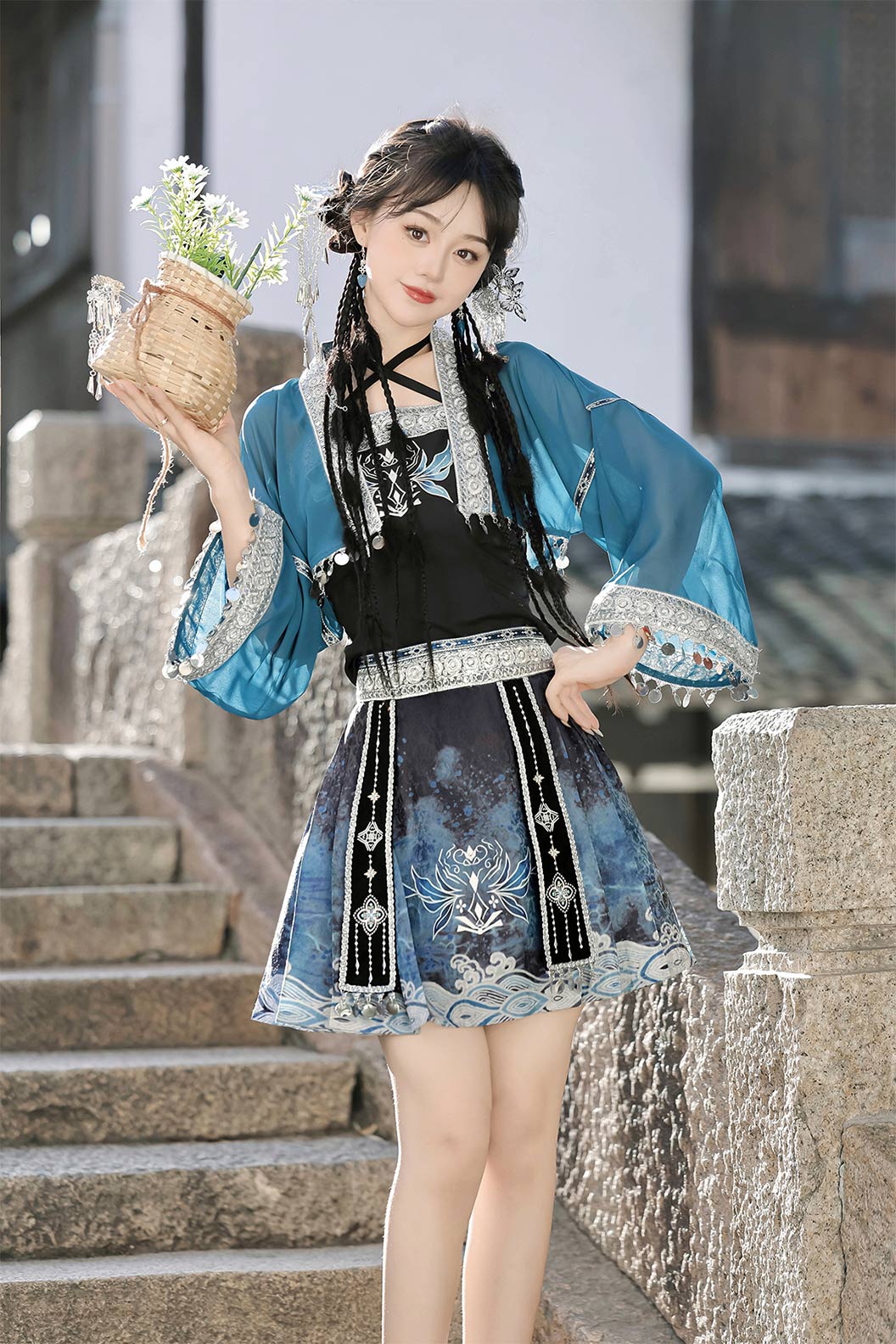 Modern Hanfu clothing Exotic Style Guofeng Short Ma Mian Skirt Blue Hanfu dress - linyao 响铃