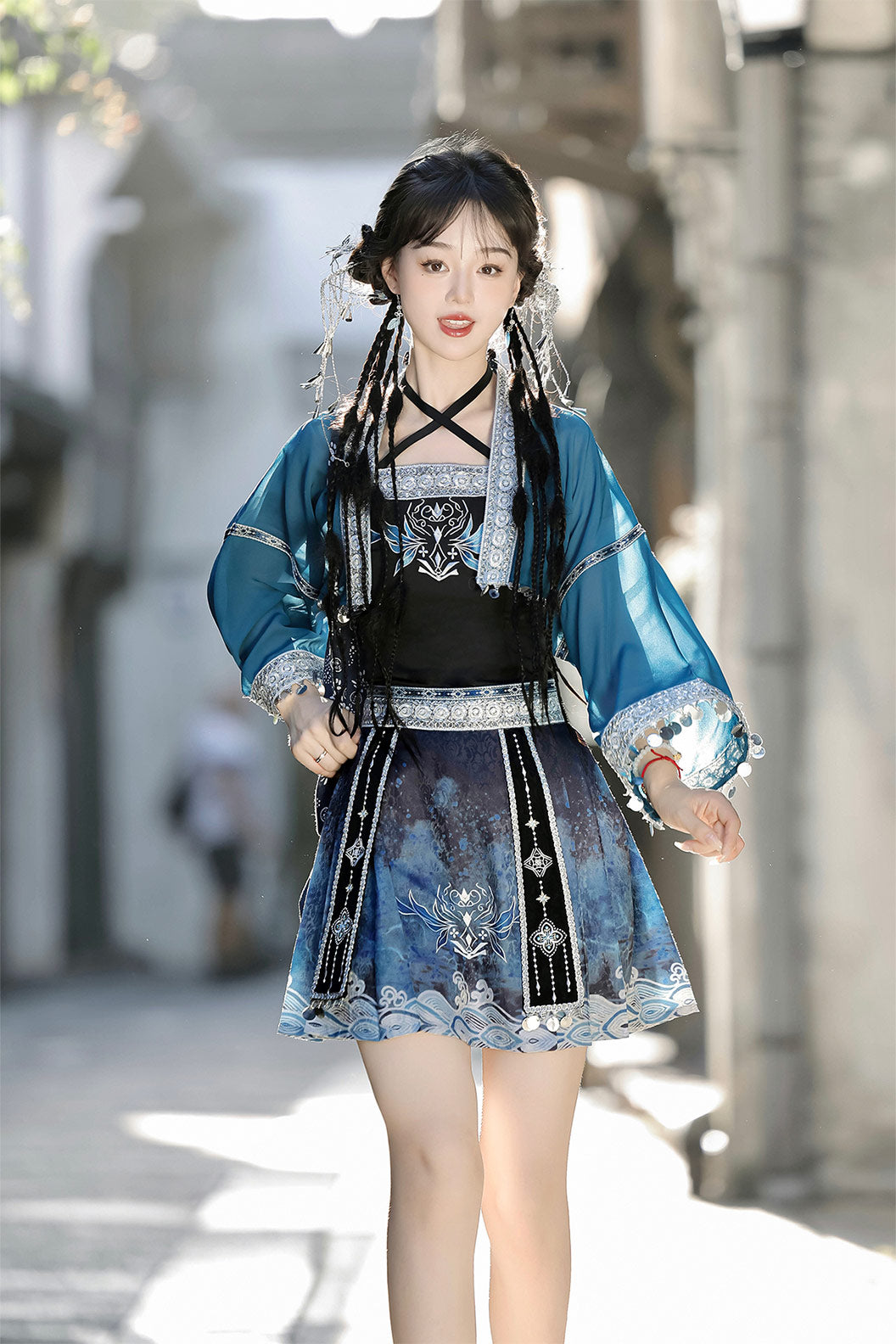 Modern Hanfu clothing Exotic Style Guofeng Short Ma Mian Skirt Blue Hanfu dress - linyao 响铃