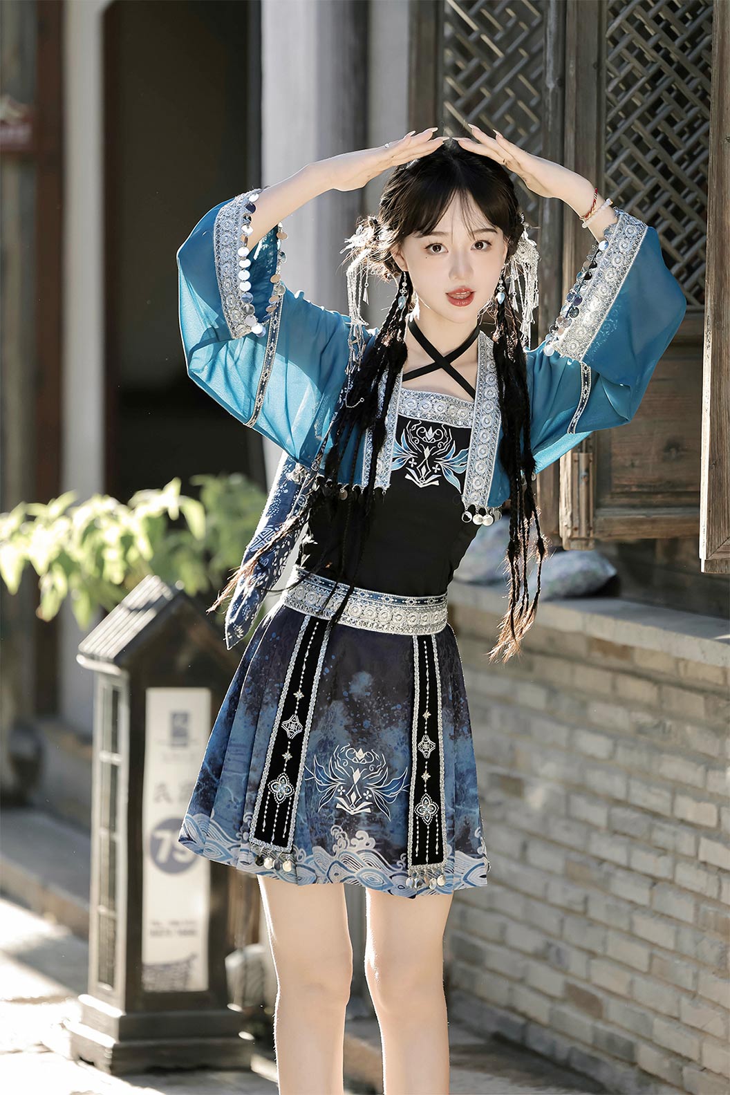 Modern Hanfu clothing Exotic Style Guofeng Short Ma Mian Skirt Blue Hanfu dress - linyao 响铃
