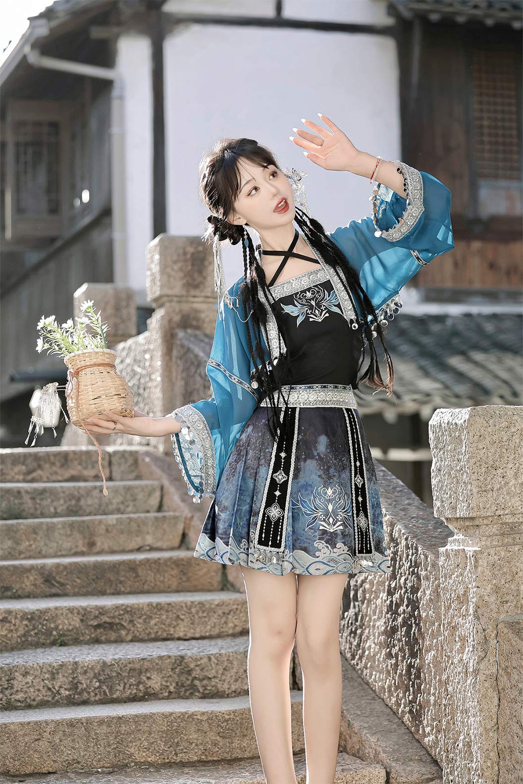 Modern Hanfu clothing Exotic Style Guofeng Short Ma Mian Skirt Blue Hanfu dress - linyao 响铃