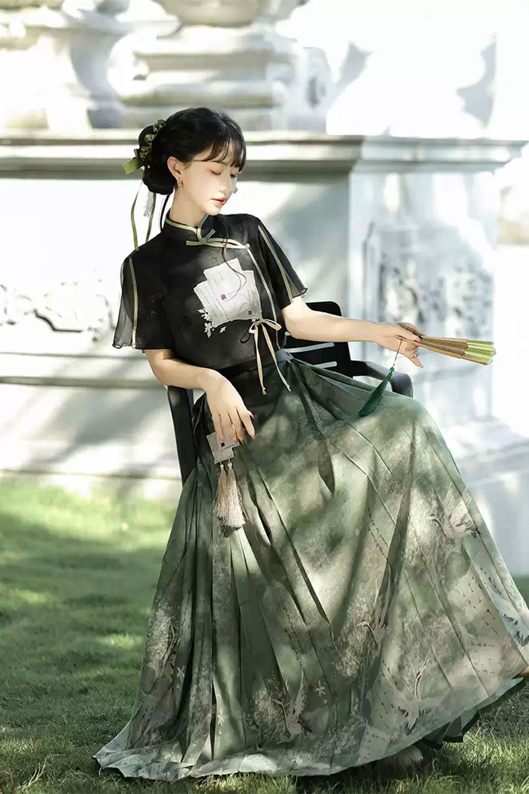 Modern Hanfu with Green-Black Hanfu Dress New Chinese Traditional Style and Ma Mian Skirt - moxianglv 墨香缕