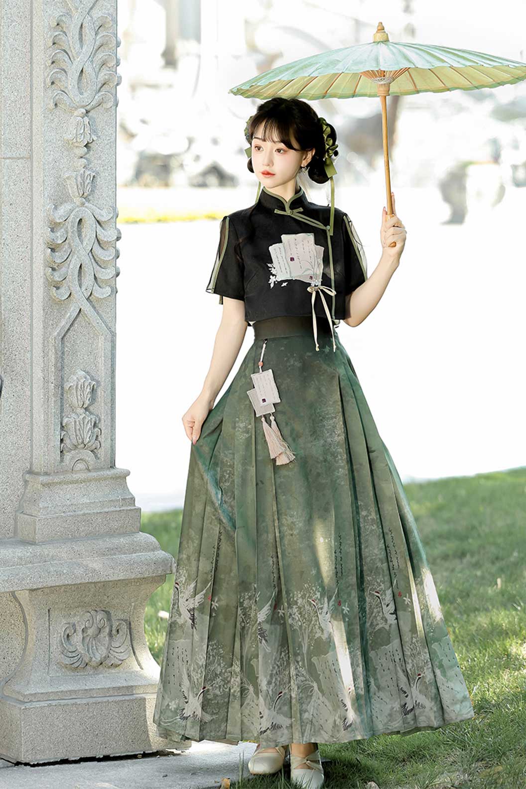 Modern Hanfu with Green-Black Hanfu Dress New Chinese Traditional Style and Ma Mian Skirt - moxianglv 墨香缕