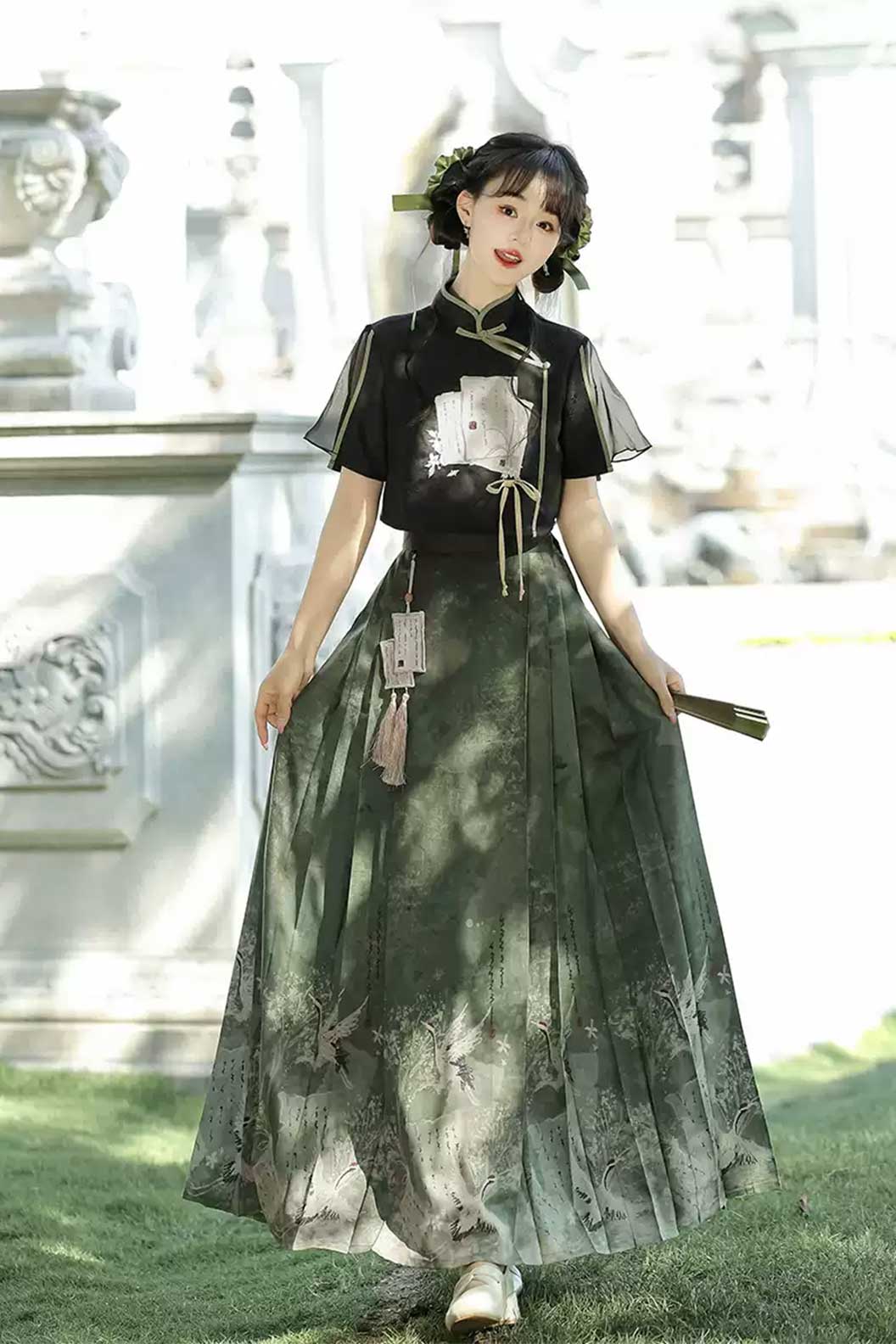 Modern Hanfu with Green-Black Hanfu Dress New Chinese Traditional Style and Ma Mian Skirt - moxianglv 墨香缕