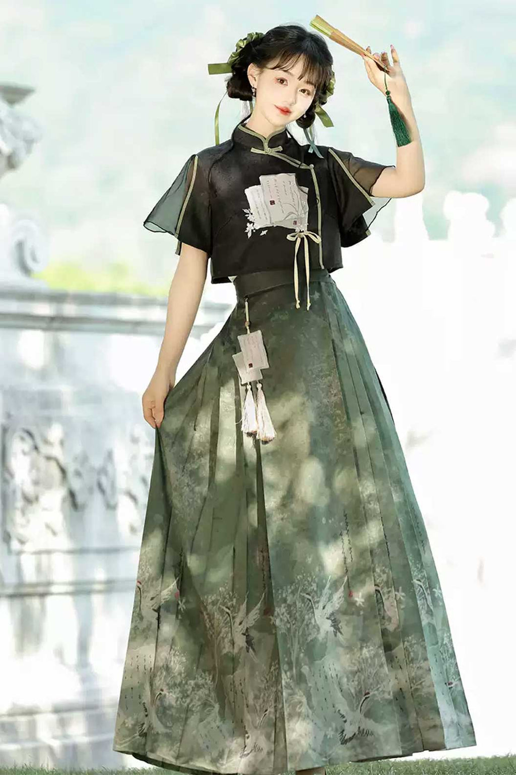 Modern Hanfu with Green-Black Hanfu Dress New Chinese Traditional Style and Ma Mian Skirt - moxianglv 墨香缕