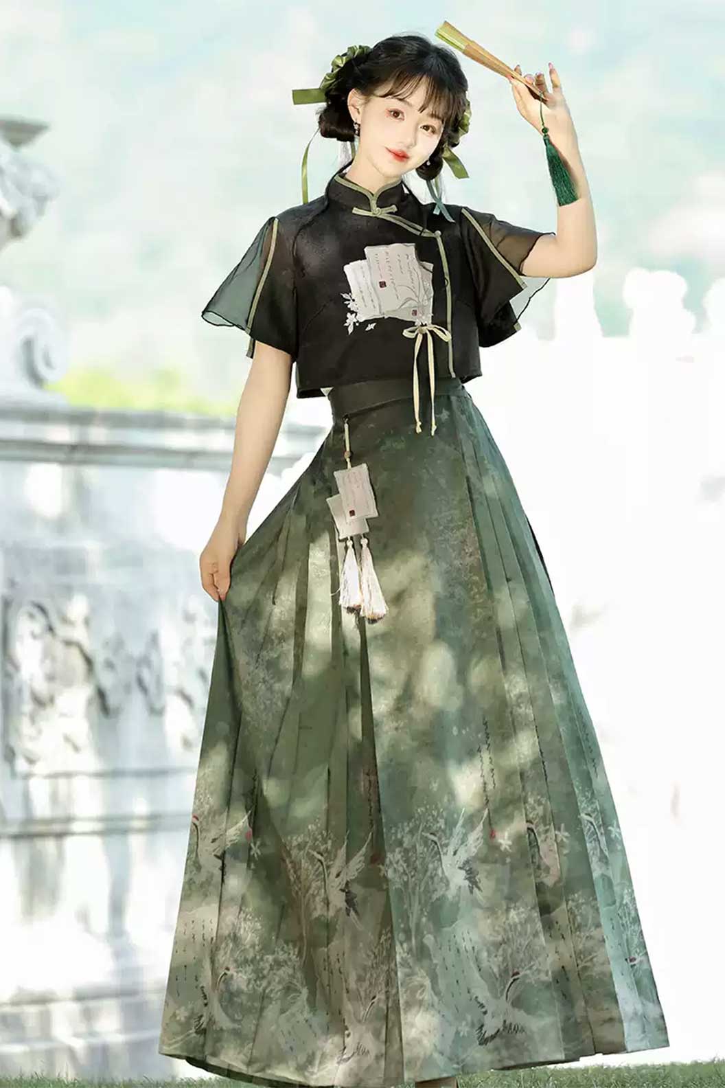 Modern Hanfu with Green-Black Hanfu Dress New Chinese Traditional Style and Ma Mian Skirt - moxianglv 墨香缕