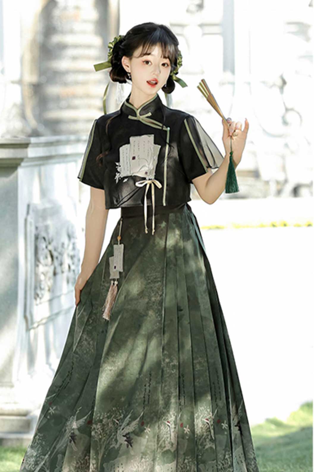 Modern Hanfu with Green-Black Hanfu Dress New Chinese Traditional Style and Ma Mian Skirt - moxianglv 墨香缕
