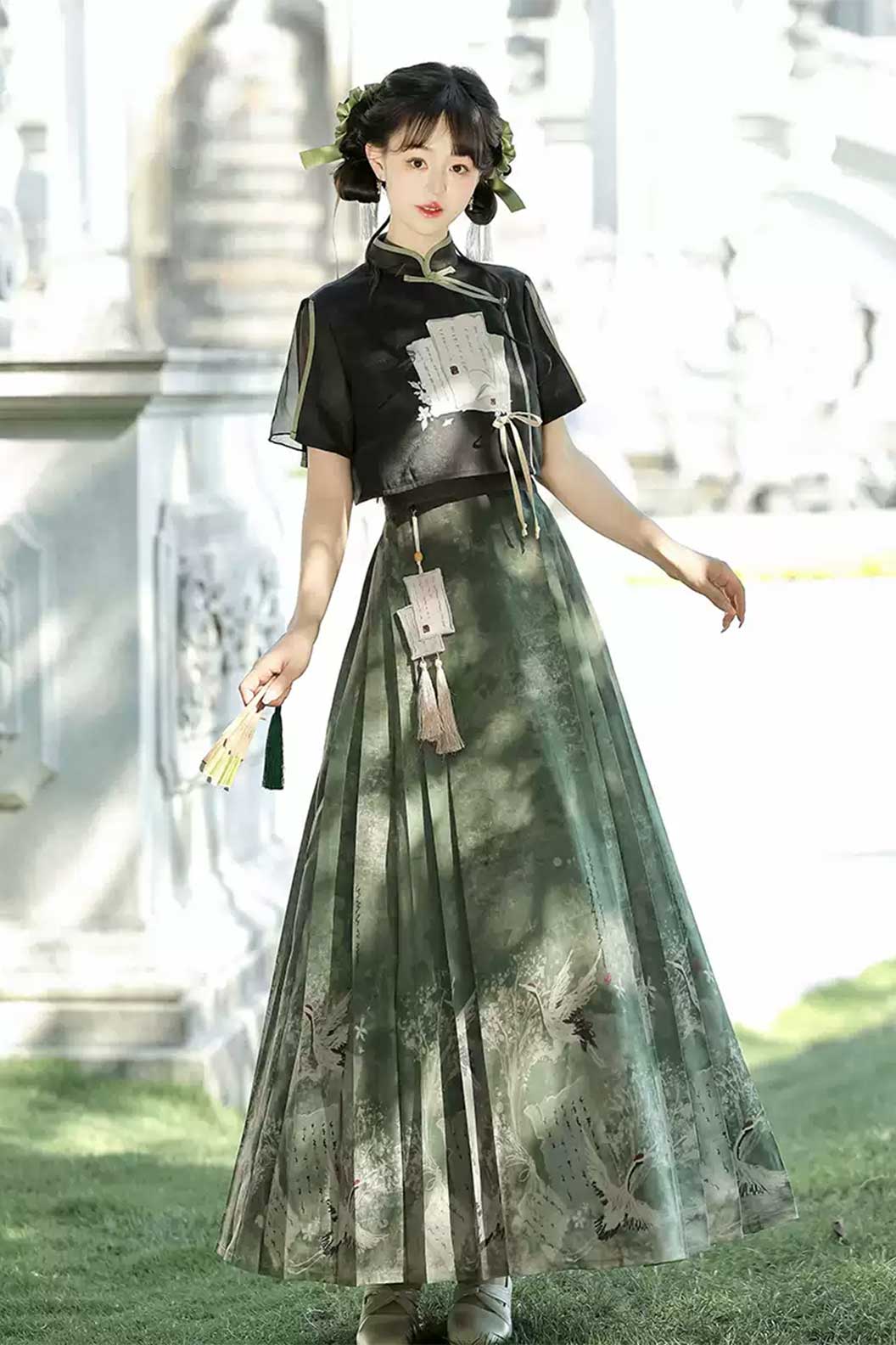 Modern Hanfu with Green-Black Hanfu Dress New Chinese Traditional Style and Ma Mian Skirt - moxianglv 墨香缕