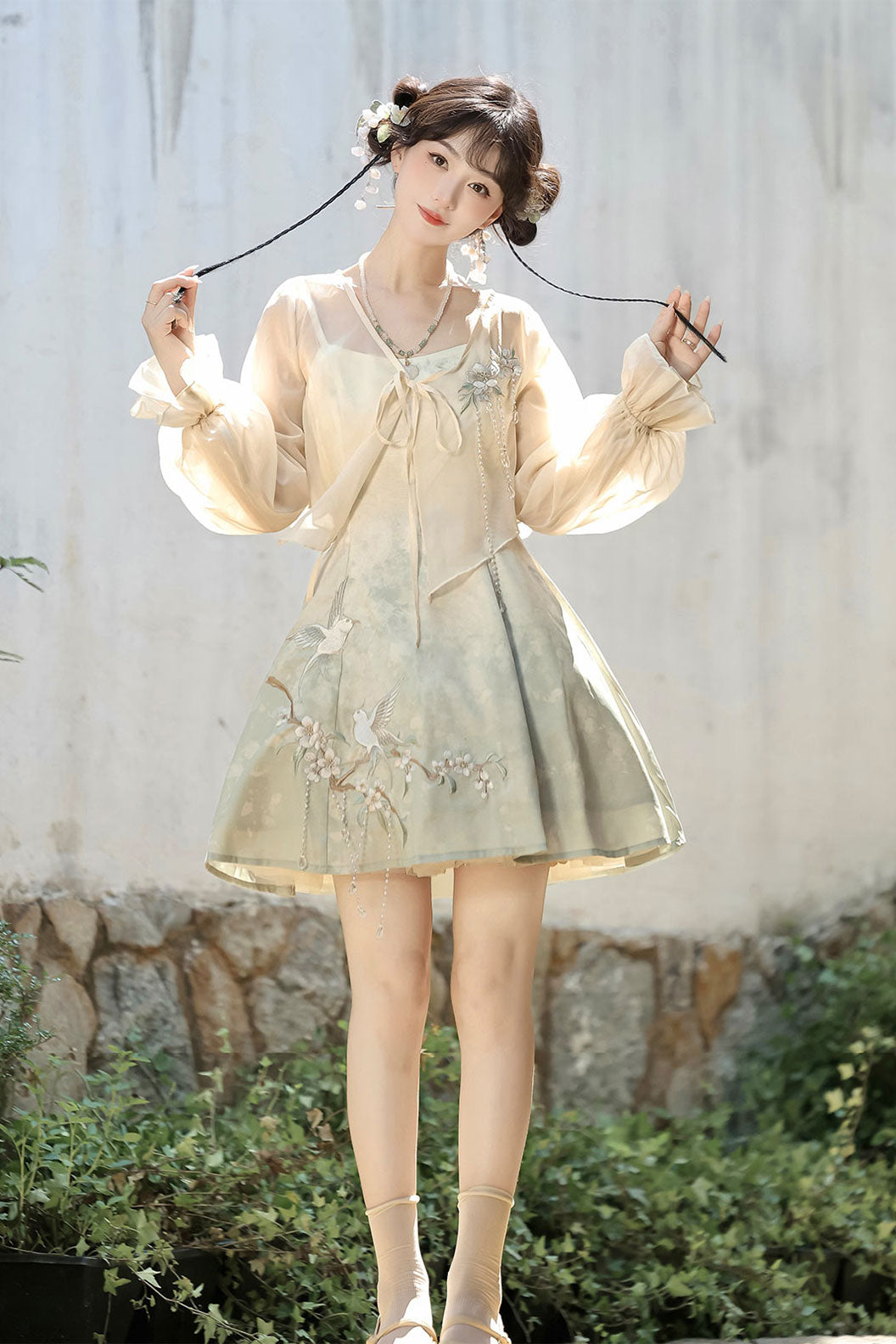 Modern Hanfu with Green Hanfu DressOuter Cloak in Chinese Traditional Style - yueguang 月光