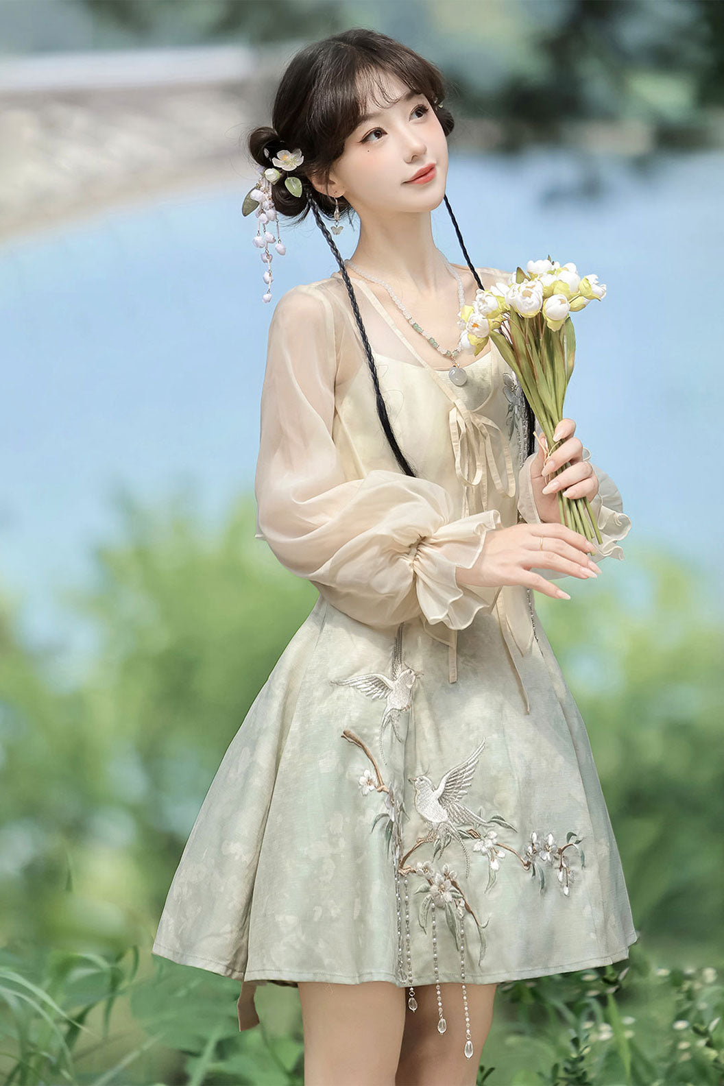 Modern Hanfu with Green Hanfu DressOuter Cloak in Chinese Traditional Style - yueguang 月光
