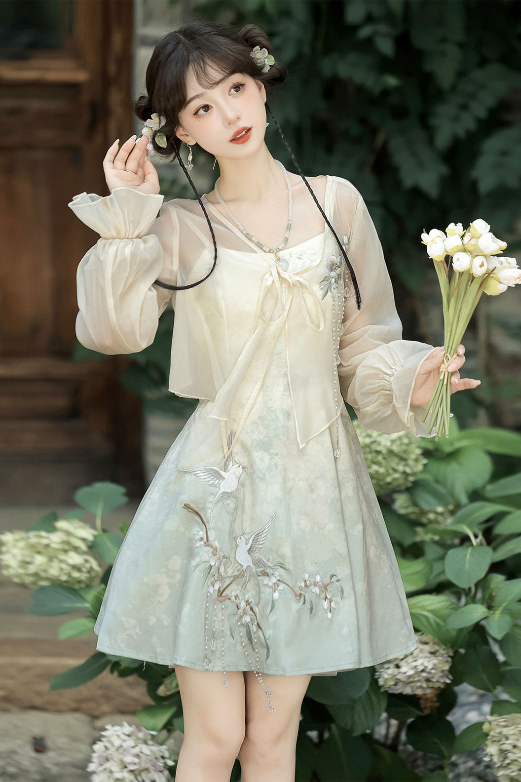 Modern Hanfu with Green Hanfu DressOuter Cloak in Chinese Traditional Style - yueguang 月光