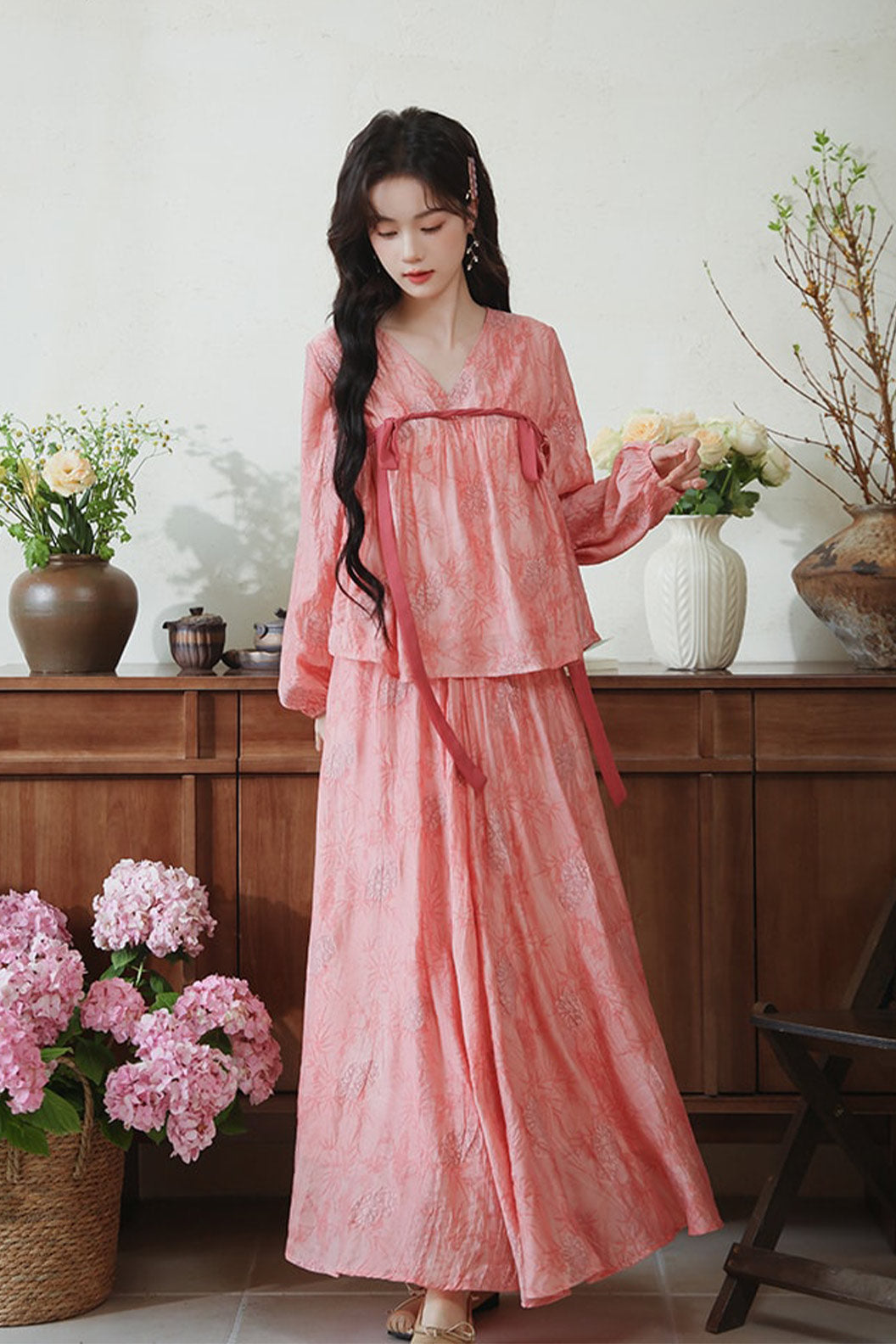 Pink Floral Hanfu Daily Casual Dress - chunriying 春日樱