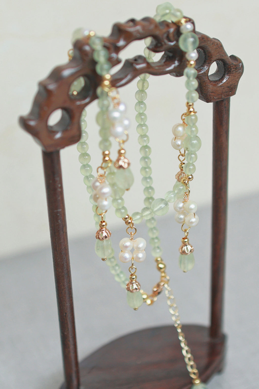 Prehnite Teardrop Pearl Tassel Chinese Style Necklace