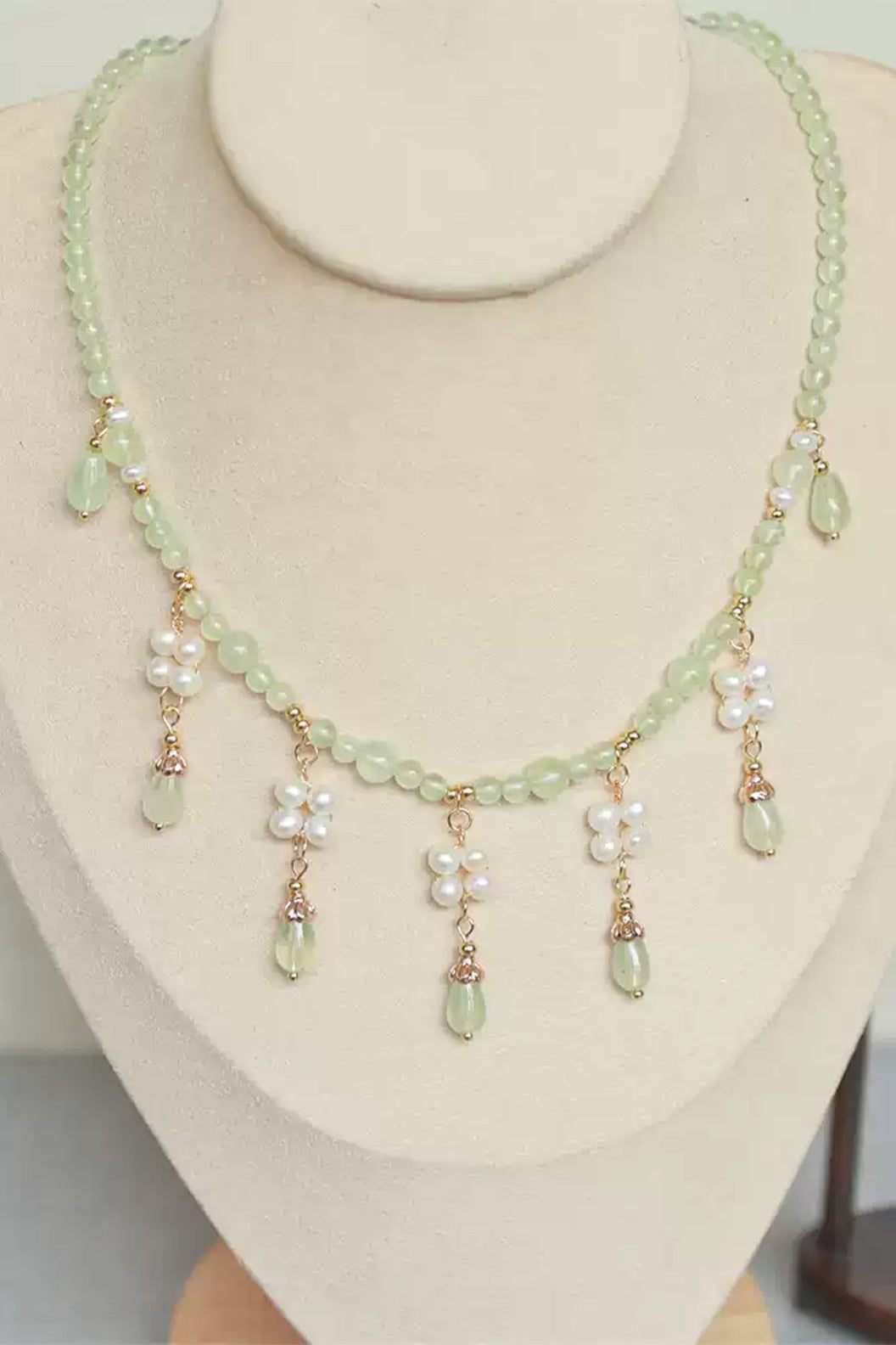 Prehnite Teardrop Pearl Tassel Chinese Style Necklace