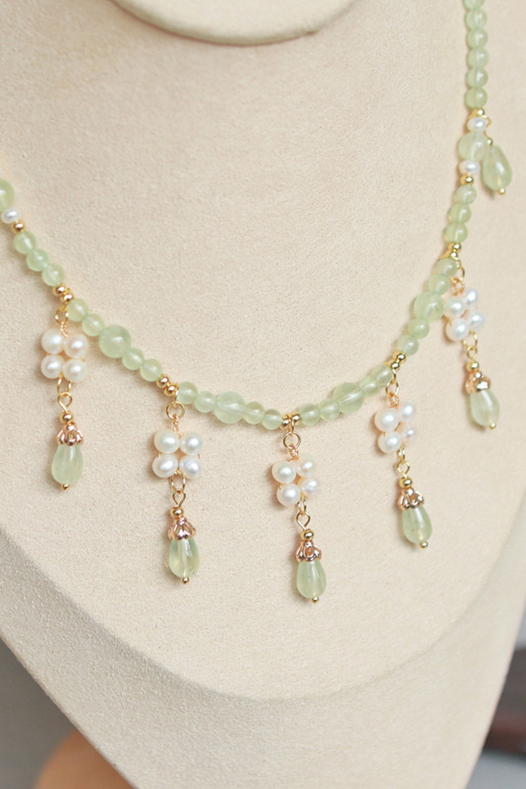 Prehnite Teardrop Pearl Tassel Chinese Style Necklace