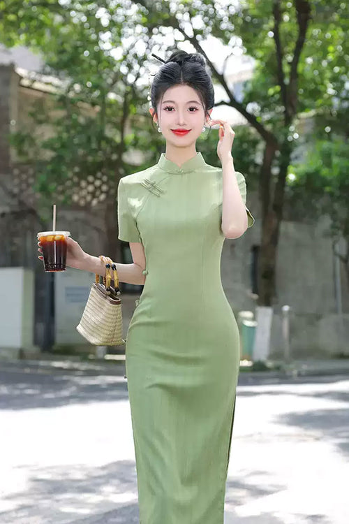 Cheongsam Qipao 1930s Cotton Linen Daily Green Qipao - juelei  蕨类