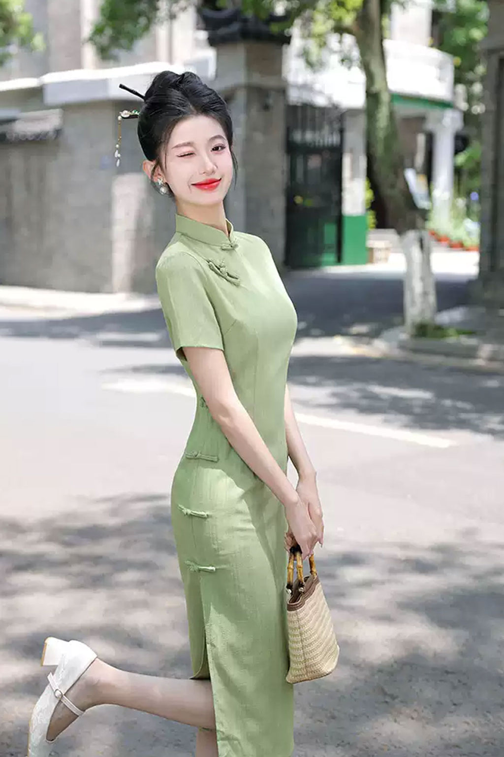 Cheongsam Qipao 1930s Cotton Linen Daily Green Qipao - juelei  蕨类
