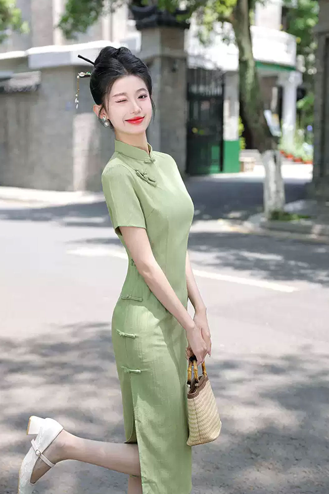 Cheongsam Qipao 1930s Cotton Linen Daily Green Qipao - juelei  蕨类