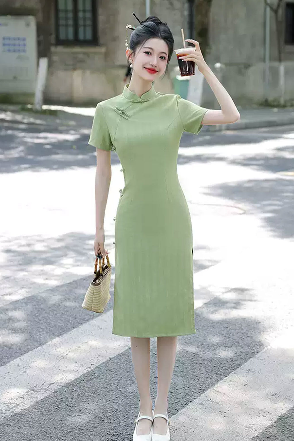 Cheongsam Qipao 1930s Cotton Linen Daily Green Qipao - juelei  蕨类